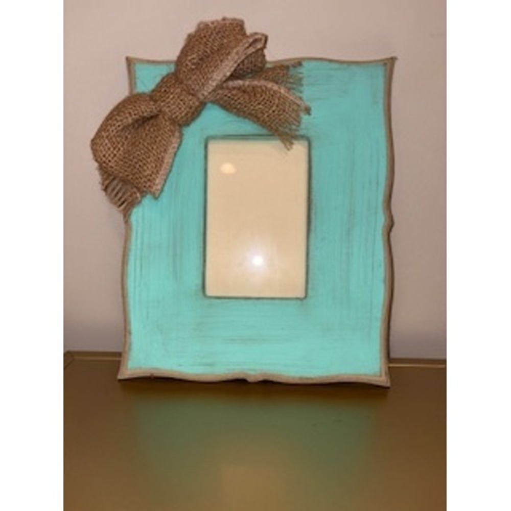 Shabby Chic Turquoise Photo Frame Burlap Bow Distressed Rustic Home‎ Decor